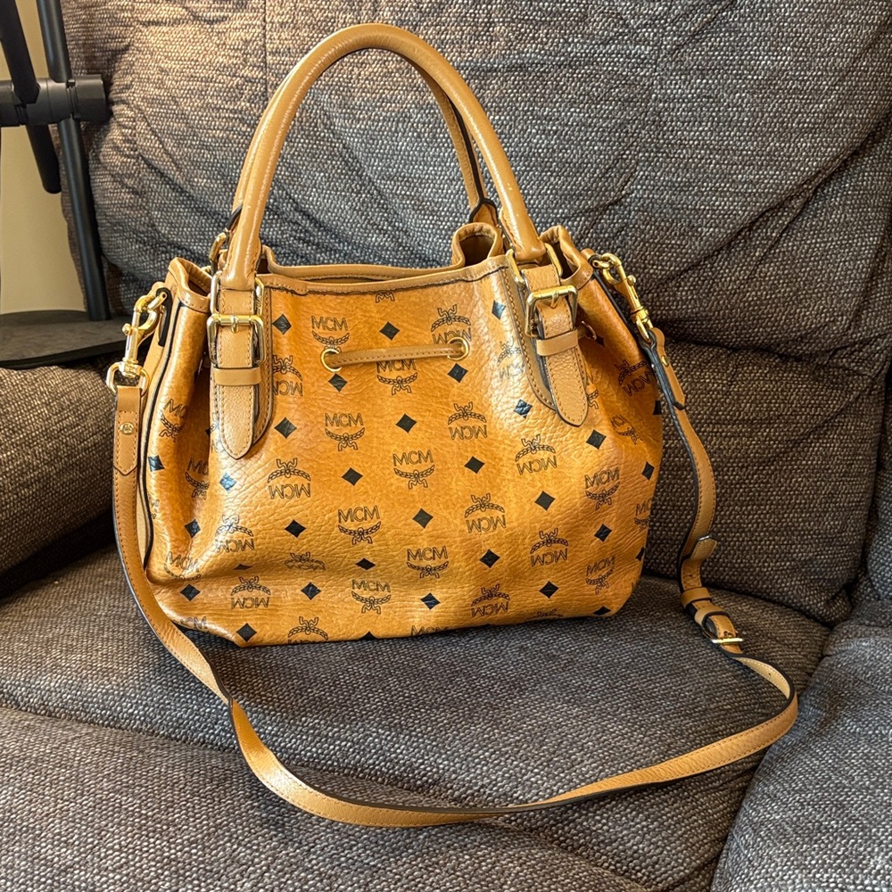MCM  Visetos Cognac Bucket Crossbody Bag-Dual Handle+Strap - Picture 3 of 16